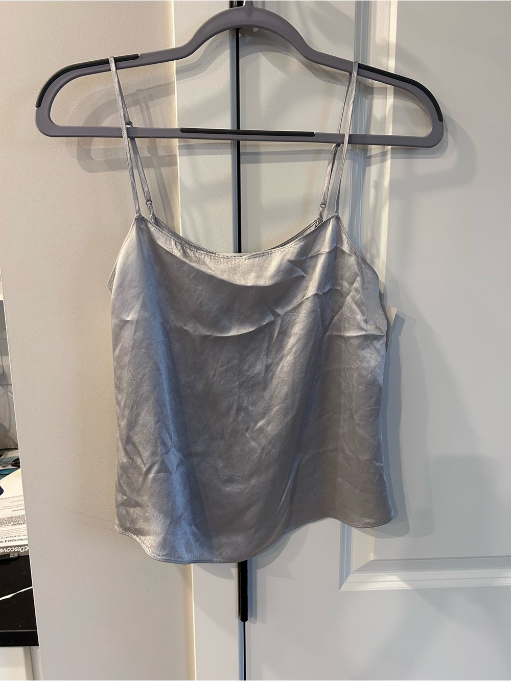 Babaton Silver Metallic Satin Slip Cami Top V-Neck Spaghetti Strap Aritzia Y2K